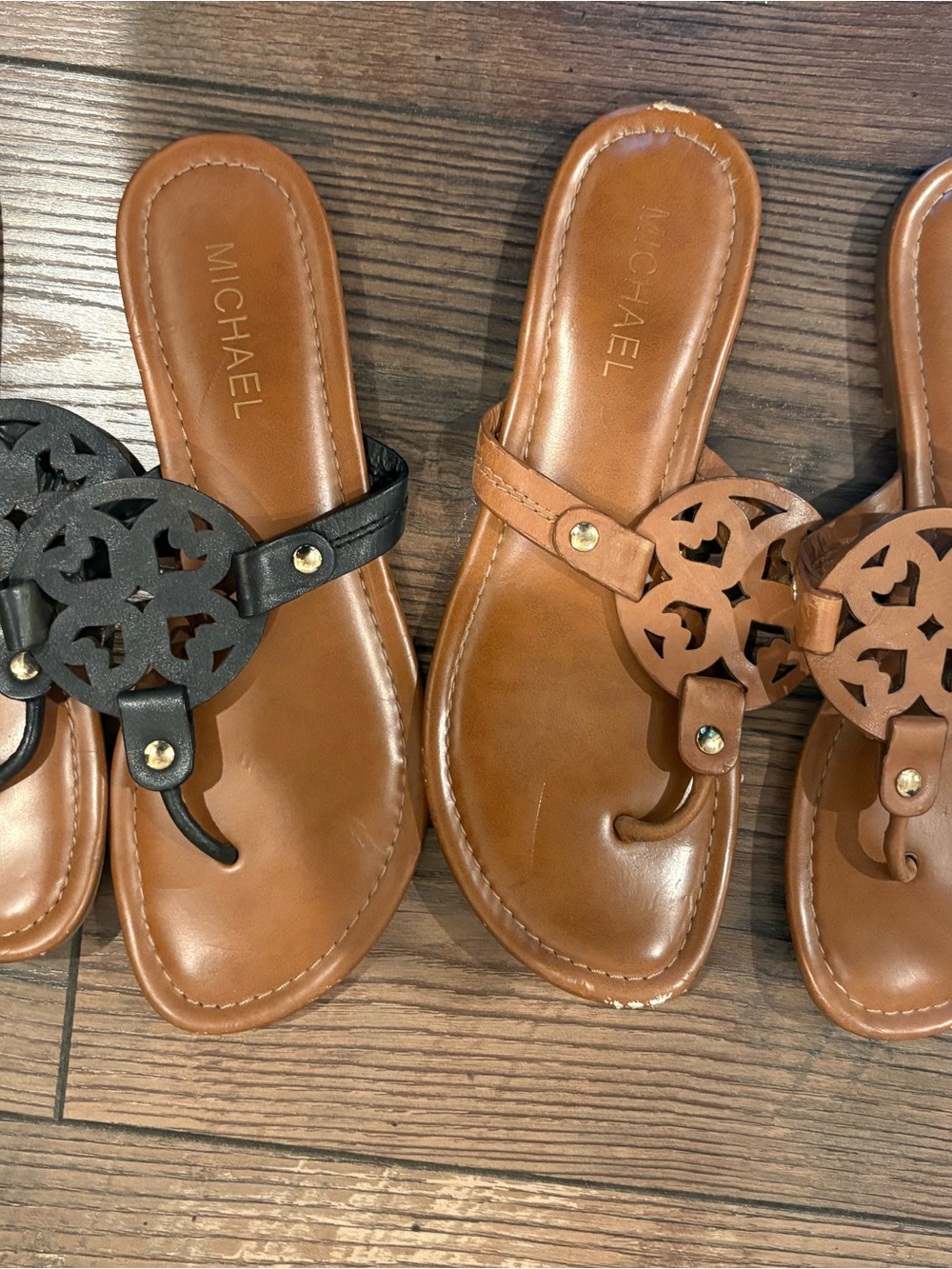 Michaels Leather Thong Sandals in Tan and Black